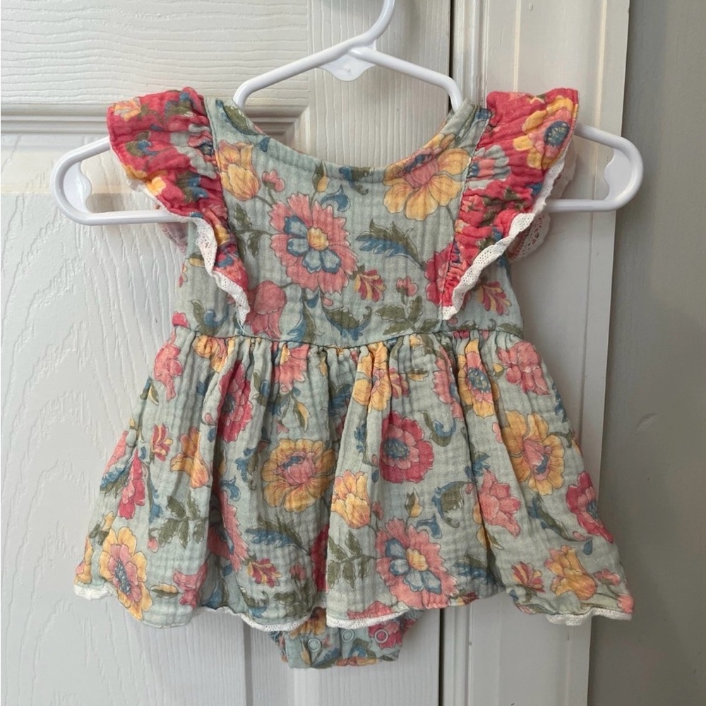 Chic Pea Organic Floral Ruffle Baby One-Piece in Sage, Pink & Yellow